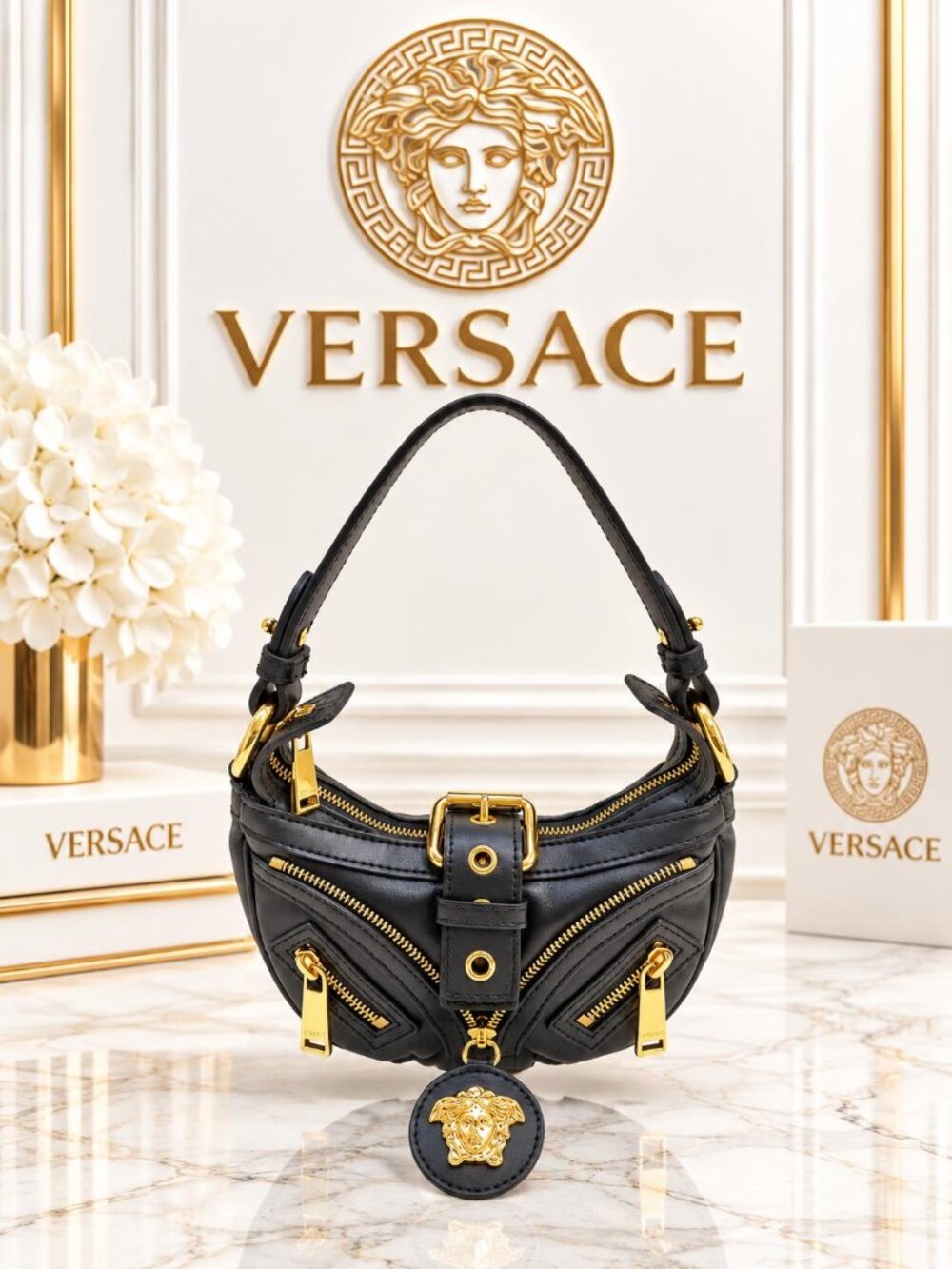 Authentic Versace Dua Lipa Repeat Mini Hobo Black Leather Medusa Shoulder Bag